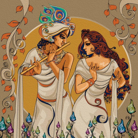 Radha Krishna Samvad – Eternal Spiritual Bliss (ART-2571-113506) - Handpainted Art Painting - 18in X 18in