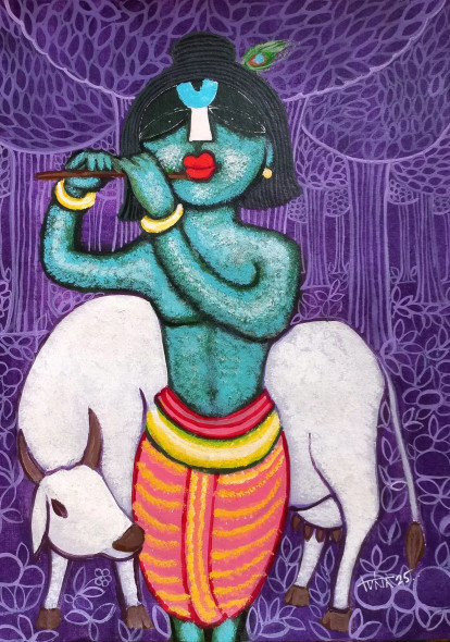 Krishna & Cow (ART-16119-113497) - Handpainted Art Painting - 11in X 15in
