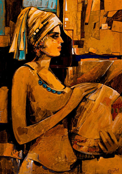Music Painting-The Drum Player (ART-2571-113582) - Handpainted Art Painting - 18in X 26in