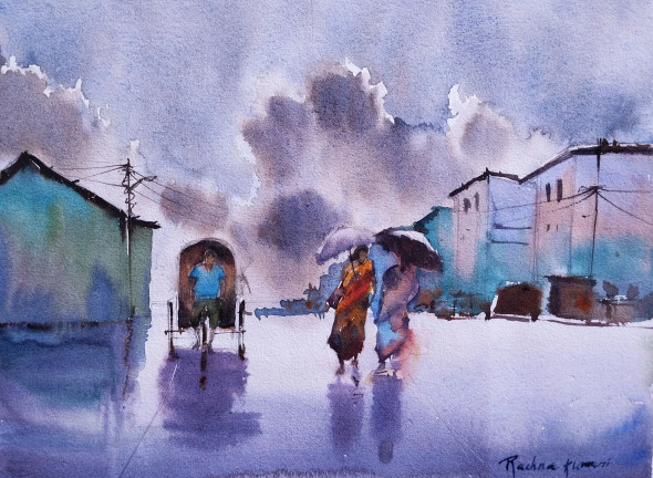 Conversations In The Rain (ART-7389-113747) - Handpainted Art Painting - 13in X 10in