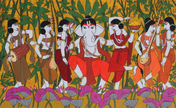 Riddhi Siddhi Ganesha (ART-3324-113726) - Handpainted Art Painting - 62in X 38in