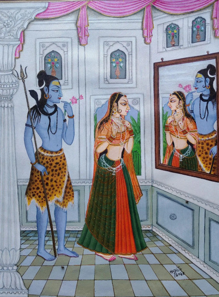 Shiv-Parvati(Lajvanti) (ART-15970-113779) - Handpainted Art Painting - 18in X 24in