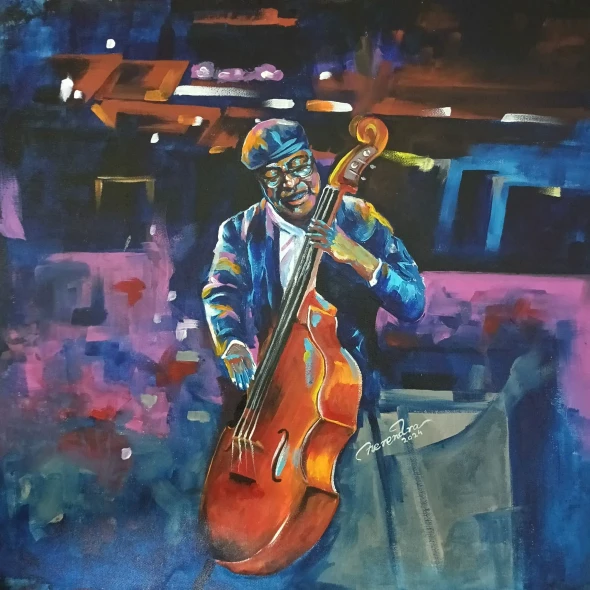Double Bass Player Acrylic Painting | Jazz Music Wall Art (ART-3674-113801) - Handpainted Art Painting - 24in X 24in