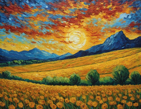 HEAVEN OF EARTH- SUNFLOWERS FIELD SUNRISE SCENERY LANDSCAPE PAINTING (ART-3319-113813) - Handpainted Art Painting - 48in X 30in