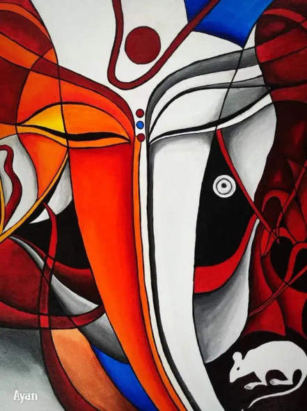 Magnificent And Divine Cosmic  Positive Energy Of Lord Ganesha (ART-17271-113803) - Handpainted Art Painting - 14in X 17in