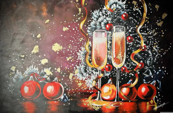 Golden Glow: Christmas Wine Glasses With Festive Red Accents On Dark Canvas (ART-7381-113748) - Handpainted Art Painting - 36in X 24in