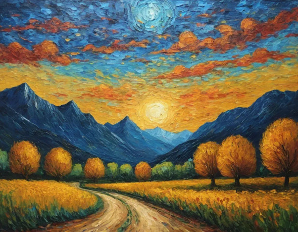 Heaven Mountains Nature's Sunset And Moon Rising At Same Time. (ART-3319-113871) - Handpainted Art Painting - 48in X 30in