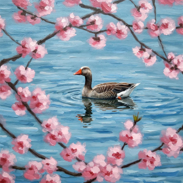 Quiet Reflection Amidst Falling Blossoms. (PRT-15697-113913) - Canvas Art Print - 36in X 36in