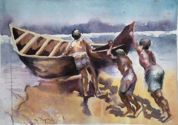 Boat Painting (ART-16757-113952) - Handpainted Art Painting - 14in X 10in