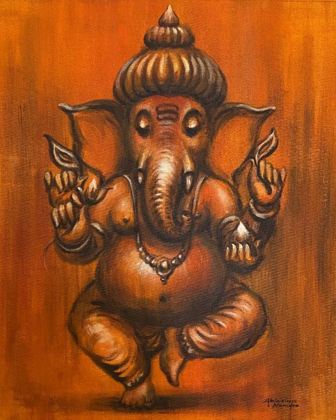 Ganesha (ART-3512-113985) - Handpainted Art Painting - 15in X 17in
