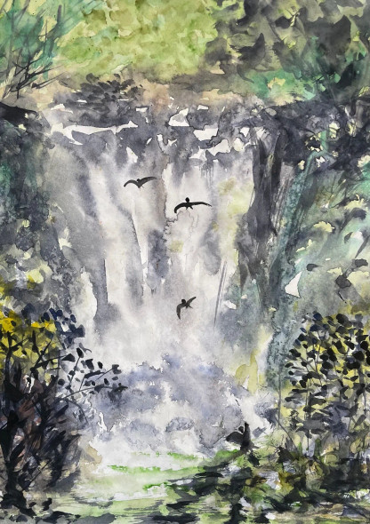 Birds Enjoy Waterfall (PRT-8841-114034) - Canvas Art Print - 21in X 30in