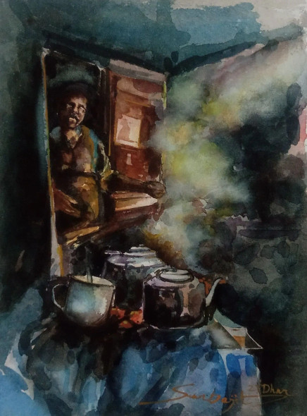 A Teashop (ART-17209-114046) - Handpainted Art Painting - 11in X 14in