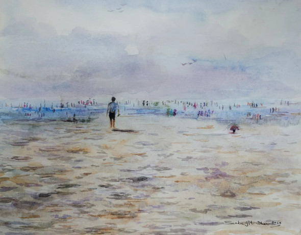 Solitary Walk By The Sea – Atmospheric Beach Watercolor Painting (ART-17209-114087) - Handpainted Art Painting - 14in X 11in