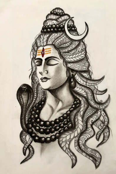 Lord Shiva Charcoal Drawing With Mandala Art (ART-17309-114083) - Handpainted Art Painting - 8in X 11in