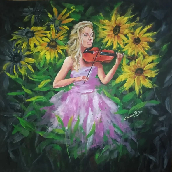 Violin Girl Painting – Music Brings Liveliness To Life (ART-3674-114128) - Handpainted Art Painting - 24in X 24in