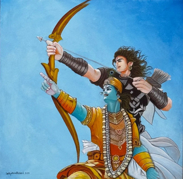 Shri Krishna With Arjun (ART-8370-114133) - Handpainted Art Painting - 24in X 24in