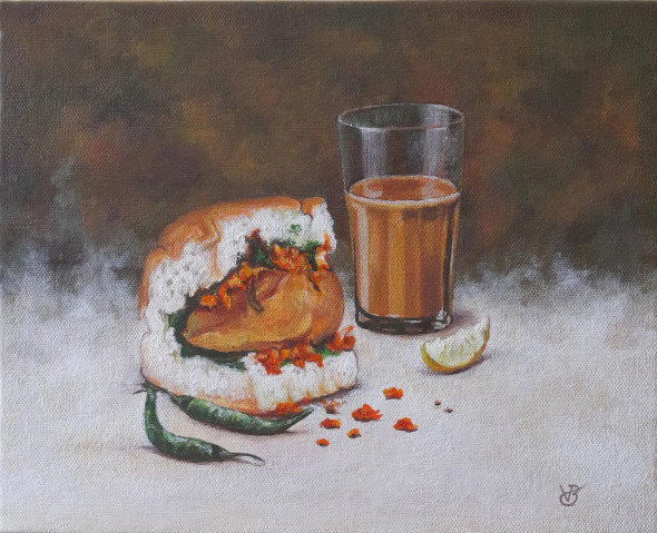 Vada Pav( Mumbai Mornings) (ART-8857-114215) - Handpainted Art Painting - 11in X 9in