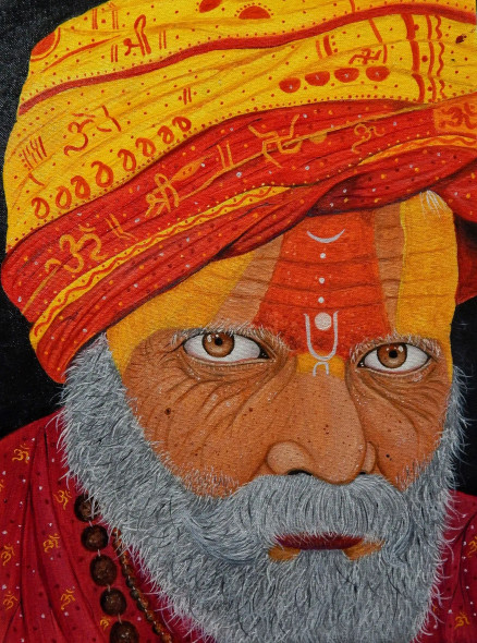 "The Seer Of Mahakumbh" 2025 (ART-15348-114208) - Handpainted Art Painting - 13in X 18in