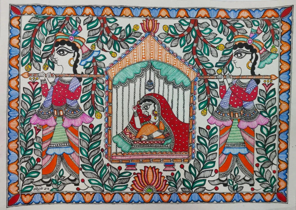 Madhubani (ART-16116-114277) - Handpainted Art Painting - 15in X 11in