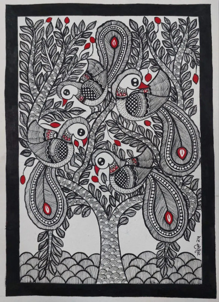 Madhubani (ART-16116-114276) - Handpainted Art Painting - 11in X 15in