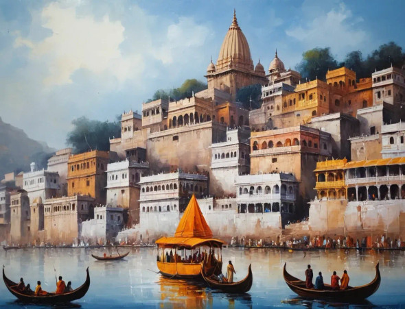 Banaras Ghat Painting (ART-3319-114177) - Handpainted Art Painting - 48in X 36in
