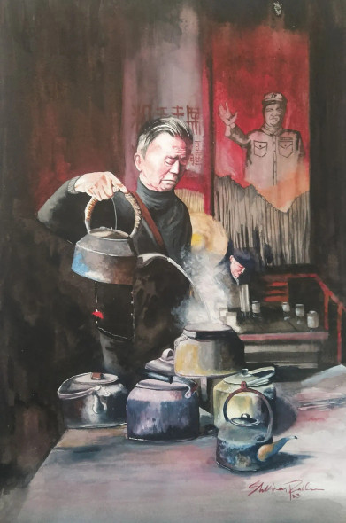 Tea Time (ART-17405-114327) - Handpainted Art Painting - 14in X 21in