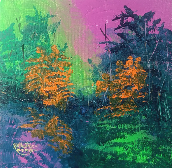 Mystic Grove At Dusk (ART-1230-114337) - Handpainted Art Painting - 12in X 12in