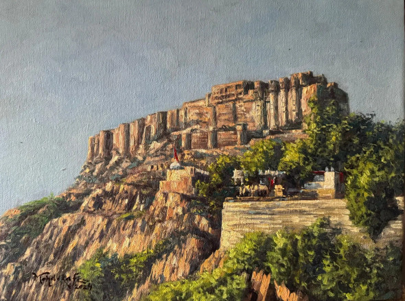 Mehrangarh Fort (ART-15644-114406) - Handpainted Art Painting - 16in X 12in