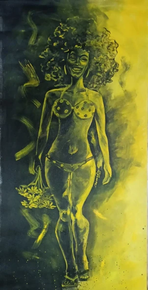 Radiant Sunshine Walk – Confident Black Woman Acrylic Art On Canvas (ART-3674-114314) - Handpainted Art Painting - 24in X 48in
