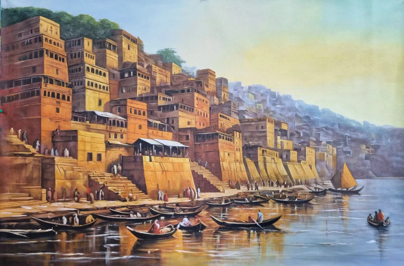 Banaras Ghat Painting (ART-3319-114176) - Handpainted Art Painting - 48in X 30in