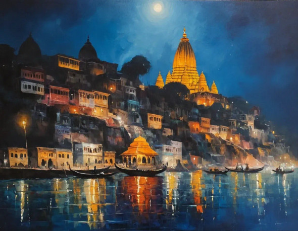 Banaras Ghat Painting (ART-3319-114530) - Handpainted Art Painting - 40in X 30in
