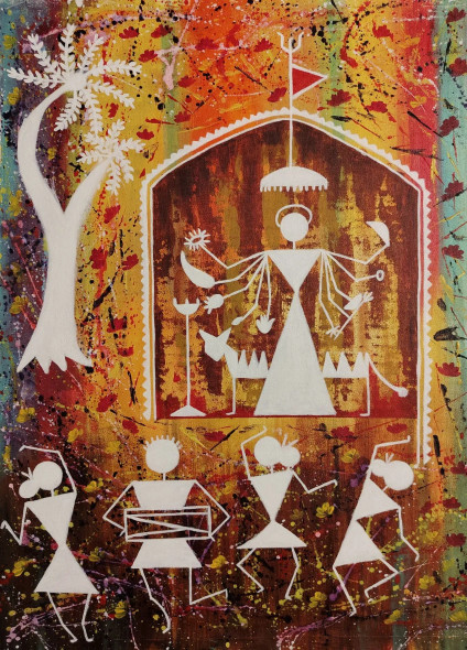 Warli Durga Painting (ART-16710-114541) - Handpainted Art Painting - 18in X 24in