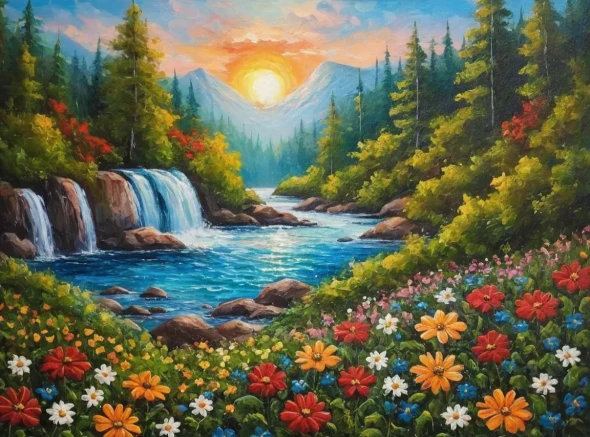 Nature's Heaven Mountains Scenery Landscape Painting (ART-3319-114514) - Handpainted Art Painting - 40in X 30in