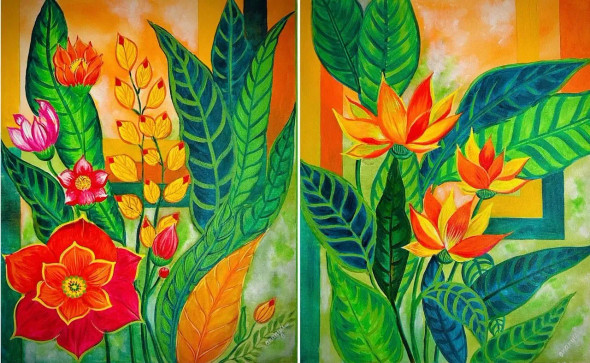 Symphony Of Blossoms_ Modern Topical Handmade Painting _set Of 2 (ART-7381-114476) - Handpainted Art Painting - 32in X 20in