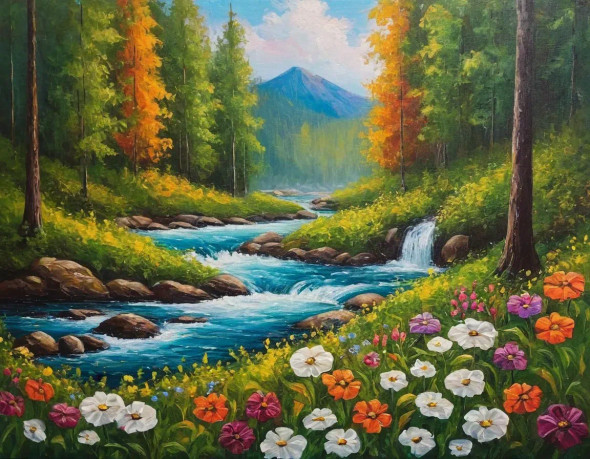 Heaven Of Earth Floral In The Forest Landscape Painting (ART-3319-114522) - Handpainted Art Painting - 48in X 30in