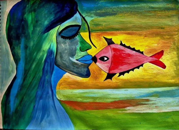 Woman And Fish (ART-17426-114546) - Handpainted Art Painting - 17in X 13in
