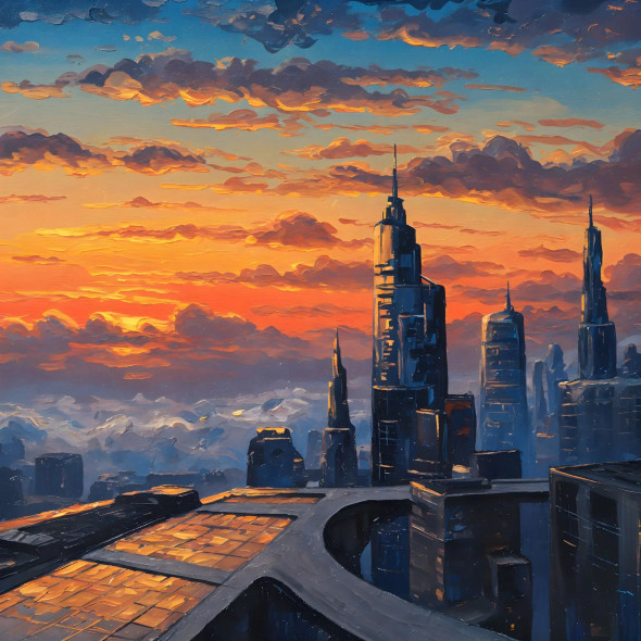 Futuristic City Sunset | Sci-Fi Urban Landscape Digital Art | Skyscraper Skyline Wall Decor Painting (PRT-16843-114424) - Canvas Art Print - 36in X 36in