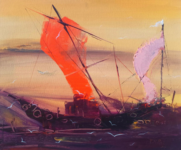 Sea And Ship, 03 (ART-17249-114629) - Handpainted Art Painting - 17in X 14in