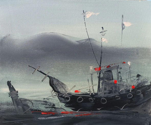 Sea And Ship,01 (ART-17249-114627) - Handpainted Art Painting - 17in X 14in