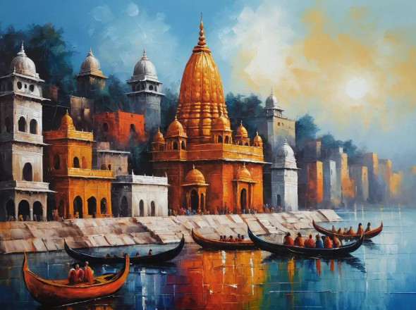 Banaras Ghat Painting (ART-3319-114598) - Handpainted Art Painting - 48in X 30in