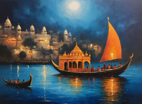 Banaras Ghat Painting (ART-3319-114599) - Handpainted Art Painting - 48in X 30in