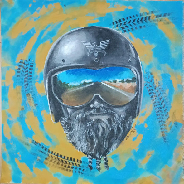 Biker Wall Art – Life Journey Reflected On The Road (ART-3674-114709) - Handpainted Art Painting - 24in X 24in