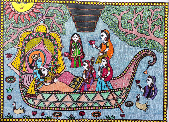 Radha Krishna On Boat (ART-3198-114719) - Handpainted Art Painting - 22in X 30in