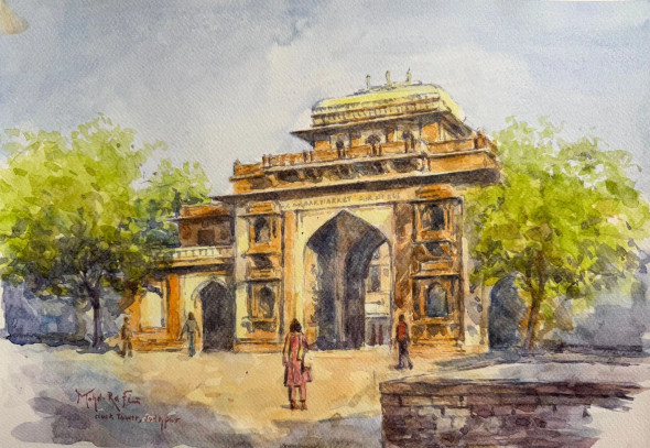 Clock Tower Gateway, Jodhpur (ART-15644-114779) - Handpainted Art Painting - 12in X 16in