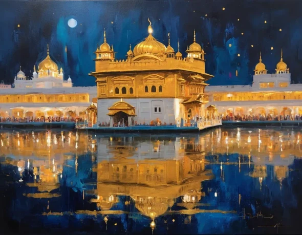 Golden Temple Painting In Night View (ART-3319-108223) - Handpainted Art Painting - 40in X 30in