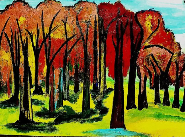 The Red Forest (ART-17426-114757) - Handpainted Art Painting - 17in X 13in