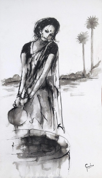 INDIAN LADY - M 100 (ART-6373-114723) - Handpainted Art Painting - 16in X 28in
