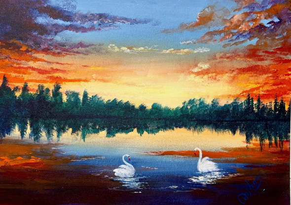 Nature, Sunset (ART-16470-114814) - Handpainted Art Painting - 20in X 14in