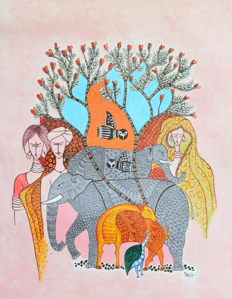 "Circle Of Life" (I-2) Indian Folk /Gond Fusion Art (ART-15639-114822) - Handpainted Art Painting - 14in X 18in