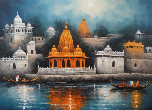 Banaras Ghat Painting (ART-3319-114792) - Handpainted Art Painting - 48in X 30in